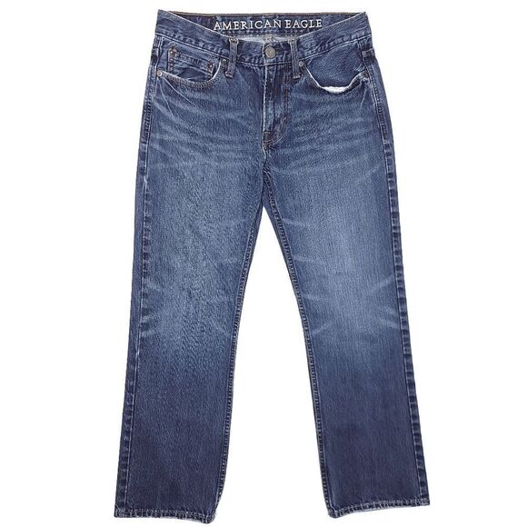 Y2K American Eagle Straight Jeans Mens 28x27 Blue 100% Cotton Distress 9.5" Rise - Picture 1 of 7